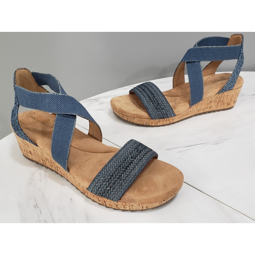 NEW WITHOUT BOX Size 8.5 Easy Spirit Lorena Womens Wedge Sandal Denim‎ Blue Gold